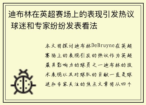 迪布林在英超赛场上的表现引发热议 球迷和专家纷纷发表看法