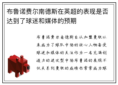 布鲁诺费尔南德斯在英超的表现是否达到了球迷和媒体的预期 布鲁诺费尔南德斯在英超的表现是否达到了球迷和媒体的预期
